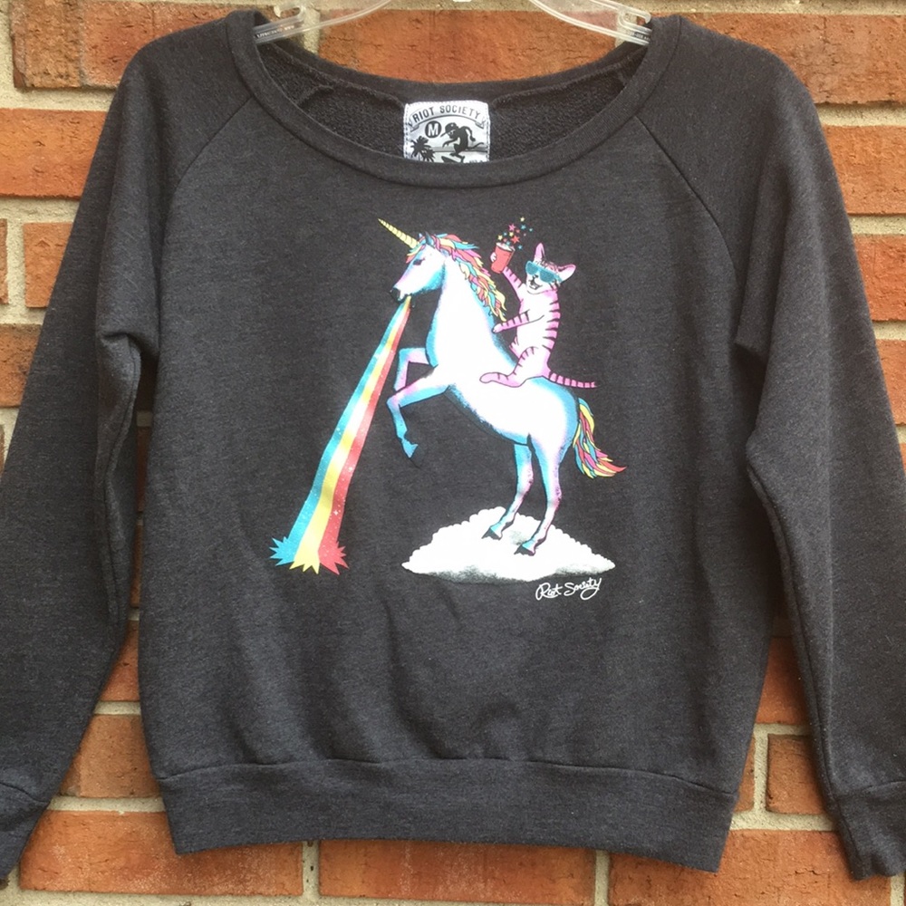 Riot Society Party Cat Riding Unicorn Rainbow Pullover Sweatshirt size M